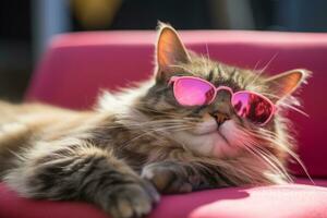 AI generated Cat wearing heart shaped sunglasses lying on a pillow photo