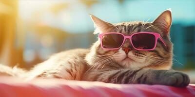 AI generated Cat wearing heart shaped sunglasses lying on a pillow photo