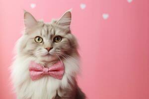 AI generated Cat with pink bow tie on pink background photo