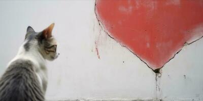 ai generado gato mirando a un corazón en el pared foto