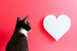 ai generado gato mirando a un corazón en el pared foto