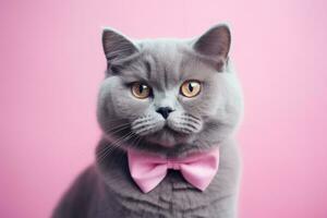 AI generated Cat with pink bow tie on pink background photo