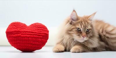 AI generated Cat with a knitted heart cushion photo