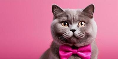 ai generado gato con rosado arco Corbata en rosado antecedentes foto