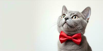 AI generated Grey cat with a red bow tie looking up photo