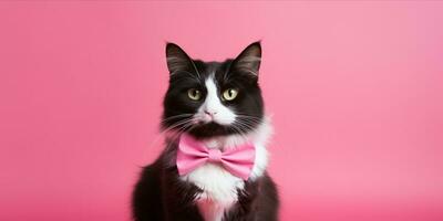 ai generado gato con rosado arco Corbata en rosado antecedentes foto