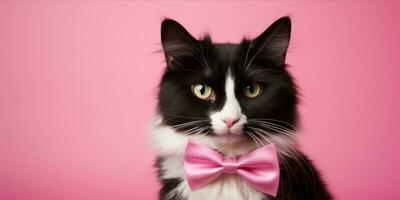 ai generado gato con rosado arco Corbata en rosado antecedentes foto