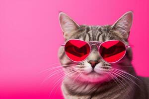 ai generado gato con corazón conformado Gafas de sol en rosado antecedentes foto