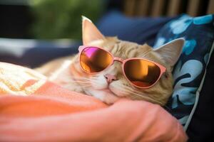 AI generated Cat wearing heart shaped sunglasses lying on a pillow photo