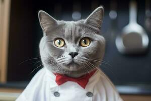 AI generated Grey cat with a red bow tie looking up photo