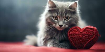 AI generated Cat holding a knitted heart photo