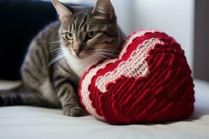 AI generated Cat with a knitted heart cushion photo