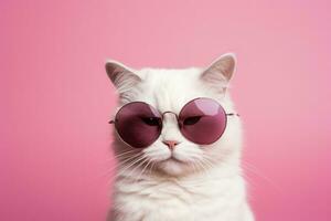 ai generado gato con corazón conformado Gafas de sol en rosado antecedentes foto