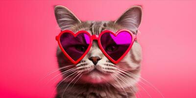 ai generado gato con corazón conformado Gafas de sol en rosado antecedentes foto