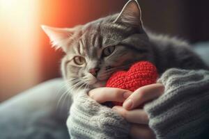 AI generated Cat holding a knitted heart photo