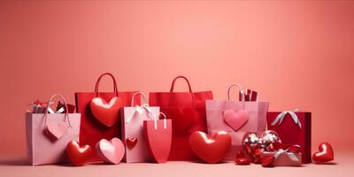 AI generated Valentine Day gifts with shopping bag on pink backdrop photo