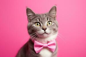 AI generated Cat with pink bow tie on pink background photo