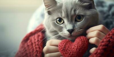AI generated Cat holding a knitted heart photo