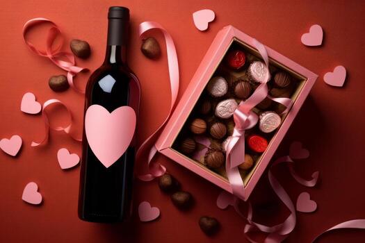 AI generated Valentine Day setup with a bottle of wine, gift boxes, a box of chocolates, and heart decorations on a pink background photo