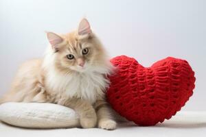 AI generated Cat with a knitted heart cushion photo