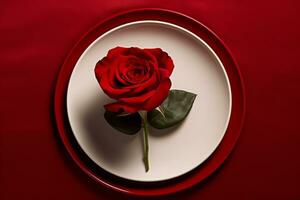 AI generated Heart shaped plate and rose on red background photo