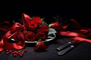 AI generated Romantic cutlery wrapped with a ribbon and roses photo