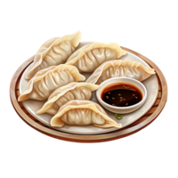 AI generated Plate of dumplings with a bowl of sauce png