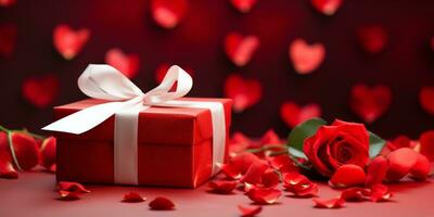 AI generated Romantic composition with a striped gift box, red rose, and paper hearts on a red background photo