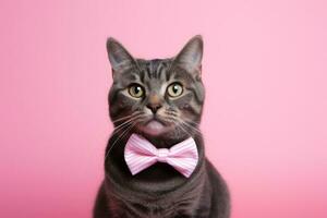 AI generated Cat with pink bow tie on pink background photo