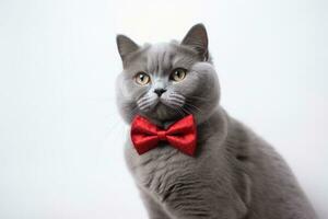ai generado gris gato con un rojo arco Corbata mirando arriba foto