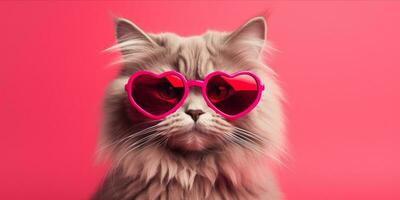 AI generated Cat with heart shaped sunglasses on pink background photo