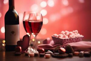 AI generated Valentine Day setup with a bottle of wine, gift boxes, a box of chocolates, and heart decorations on a pink background photo