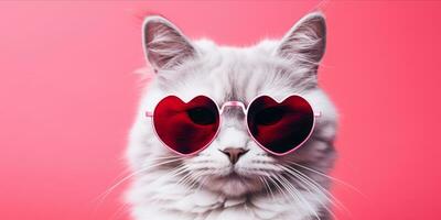 ai generado gato con corazón conformado Gafas de sol en rosado antecedentes foto