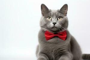 AI generated Grey cat with a red bow tie looking up photo