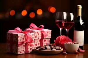 AI generated Valentine Day setup with a bottle of wine, gift boxes, a box of chocolates, and heart decorations on a pink background photo