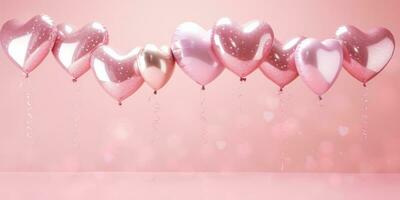 AI generated Assorted heart shaped balloons in pink and silver with small paper hearts on a light pink background photo