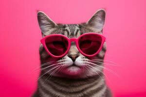 ai generado gato con corazón conformado Gafas de sol en rosado antecedentes foto