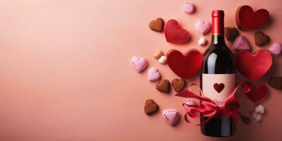 AI generated Valentine Day setup with a bottle of wine, gift boxes, a box of chocolates, and heart decorations on a pink background photo