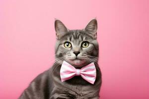 ai generado gato con rosado arco Corbata en rosado antecedentes foto