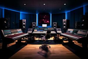 AI generated A professional music studio with a large mixing console, computer monitors, and studio monitors photo