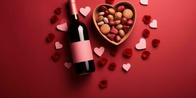 AI generated Valentine Day setup with a bottle of wine, gift boxes, a box of chocolates, and heart decorations on a pink background photo