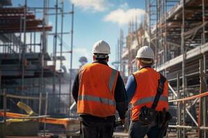 ai generado construcción trabajadores que se discute en frente de un edificio sitio con andamio y un grua foto