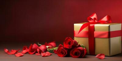 AI generated Romantic composition with a striped gift box, red rose, and paper hearts on a red background photo