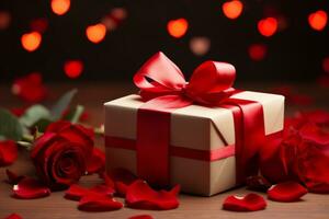 AI generated Romantic composition with a striped gift box, red rose, and paper hearts on a red background photo