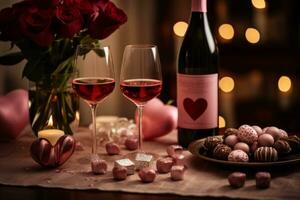 AI generated Valentine Day setup with a bottle of wine, gift boxes, a box of chocolates, and heart decorations on a pink background photo