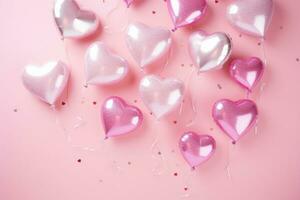 AI generated Assorted heart shaped balloons in pink and silver with small paper hearts on a light pink background photo