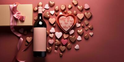 AI generated Valentine Day setup with a bottle of wine, gift boxes, a box of chocolates, and heart decorations on a pink background photo