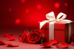 ai generado romántico composición con un a rayas regalo caja, rojo rosa, y papel corazones en un rojo antecedentes foto