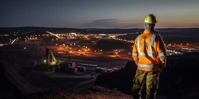 ai generado posterior ver de un trabajador en alto visibilidad engranaje con vista a un minería operación a oscuridad foto