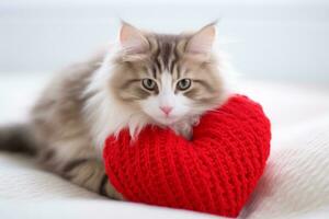 AI generated Cat with a knitted heart cushion photo